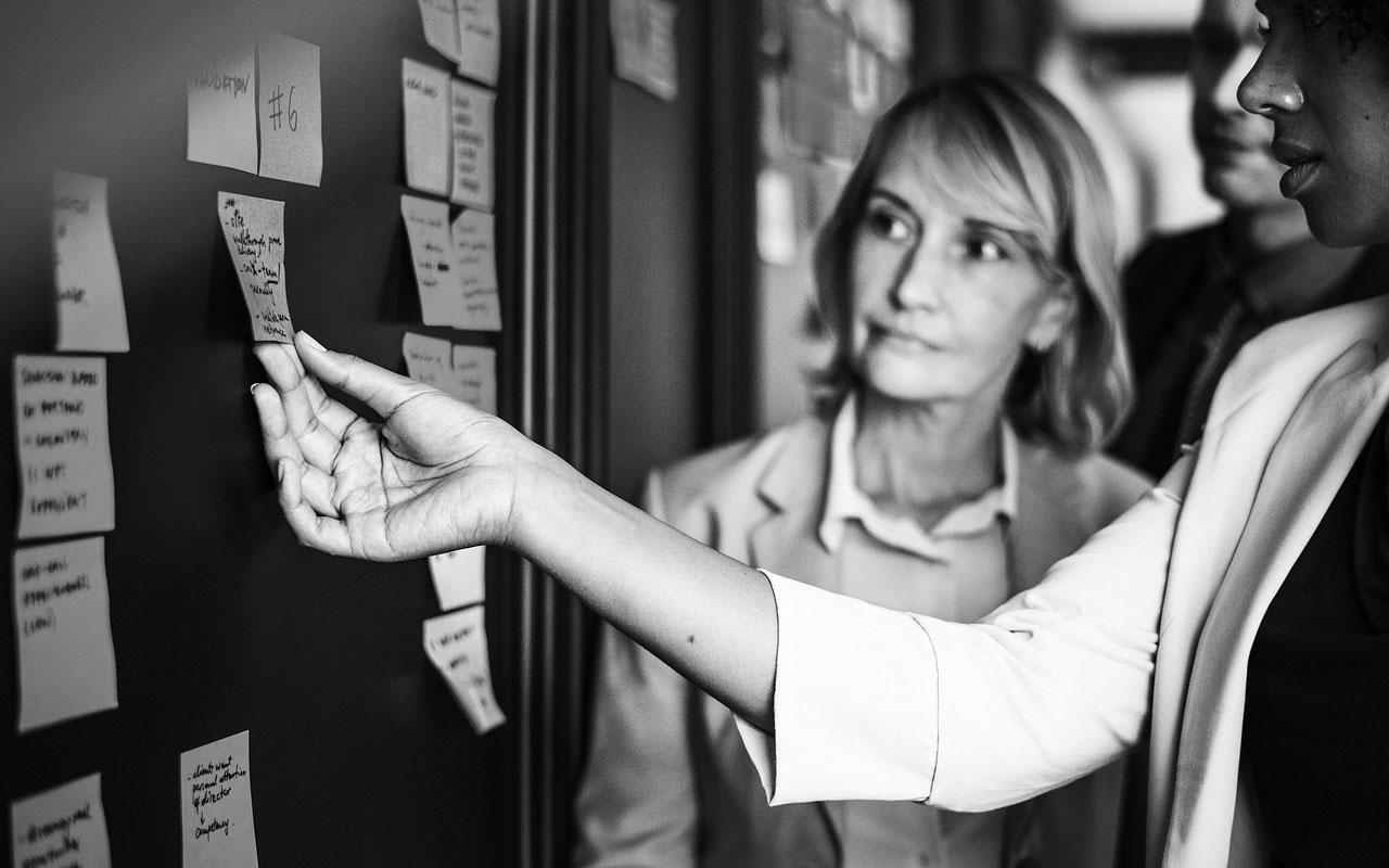 People doing an affinity diagram with sticky notes